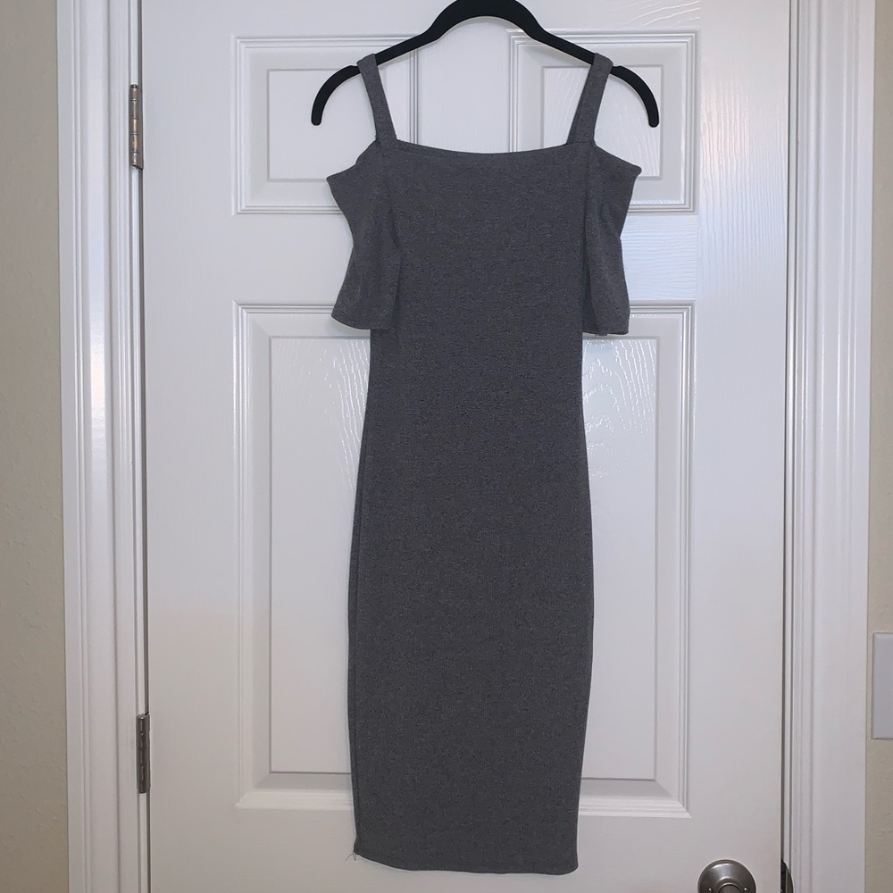 Grey Ribbed Off The Shoulder Dress